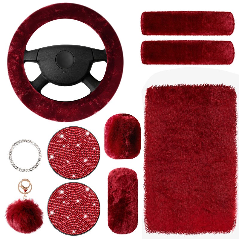 Frienda 10 Pcs Fluffy Car Steering Wheel Covers Handbrake and Gear Shift Cover Seat Belt Shoulder Pads Diamond Mat Ignition Ring Ball Key Chain Armrest Box Mat Car Accessories Set(Wine Red) - Image 1